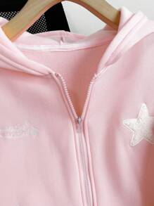 INAWLY 女士春秋季字母五角星印花落肩长袖拉链门襟休闲连帽卫衣，毕业季、教师节、返校季套头衫 - 粉色 - 查看 4