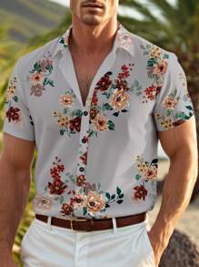 Manfinity RSRT Men's Casual Floral Print Short Sleeve Shirt, Summer - Light Grey - View 3