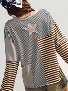 Bohemela Boho Women's Vintage Casual Knit Striped Patchwork Round Neck Long Sleeve Loose T-Shirt, Vintage Western Country Style Concert Vacation, Going Out, Back To School, Suitable For Autumn/Winter,Fall