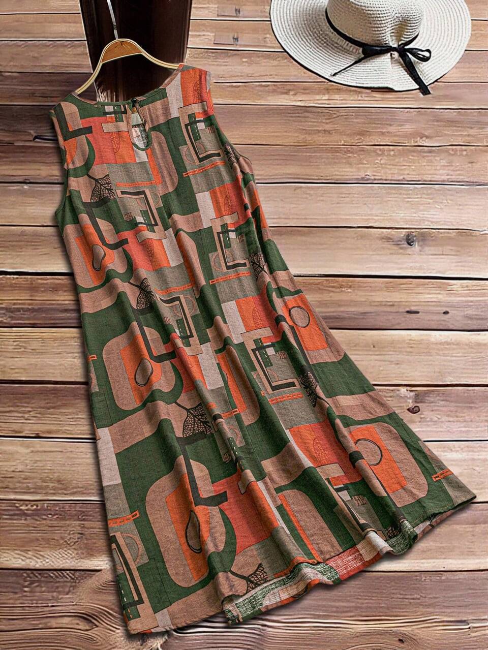 Plus Size Women Vacation Geometric Print Casual Boho Round Neck Sleeveless Shift Dress,Suitable For Summer,Flower/Spring Vacation Sage Green Vacation