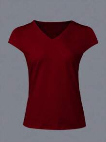 SHEIN LUNE Áo thun trơn màu đa năng thường ngày dành cho nữ, mùa hè - Màu Đỏ Sâu - Xem 3