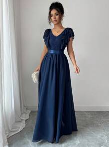 Elenzga 女士优雅荷叶边袖V领蕾丝拼接A字长裙 - 藏蓝色 - 查看 4