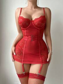 5 件套女士性感蕾丝和网眼睡袍，带钢圈胸罩、丁字裤、腰带和 2 件长袜 - 紅色 - 查看 3