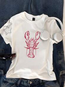 INAWLY Women's Lobster Print Round Neck Short Sleeve Casual Regular T-Shirt - White - View 1