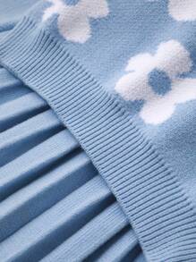 SHEIN Vintaside Kids 少女甜美百搭圆领蓝色毛衣搭配碎花百褶裙，适合居家、外出、派对、返校季等秋冬季穿着。 - 藍色 - 查看 3