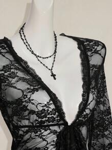 SHEIN ICON Women's Stylish Black V Neck Lace Blouse With Flowy Flare Sleeves,Sexy Top