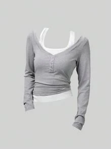 SHEIN Girlism Teen Girls' Colorblock Patchwork 2-In-1 Design T-Shirt, Fitted Silhouette, Casual Style Grey Top Long Sleeve Top Gray Shirt Layered Top Two-Piece Top Gray Long Sleeve Top Long Sleeve Shirts For Girls Layered Look Top Double Layer Top Women Top Gray Top Long Sleeve Shirts For Women Women Gray Top Girls Tops Fall Winter