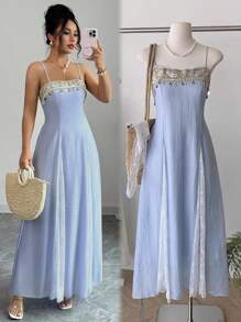 Rafferiza Women's Elegant Color Block Contrast Lace Sequins Spaghetti Strap A-Line Dress - Blue - View 4