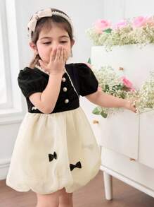 Rochie drăguță și elegantă cu mânecă scurtă, cu fundă și blocuri de culoare pentru bebeluși - Multicolor - Vizualizare 6