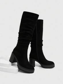 Daringsoles Giày bốt cao đến đầu gối đế dày có khóa kéo bên hông thời trang dành cho nữ, phù hợp để mang hàng ngày - màu đen - Xem 3