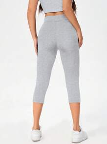 SHEIN Essnce Women's Solid Color High Waist Tight Fitting Capri Leggings, Casual & Versatile, Summer Fall Clothes Women's Sportswear - Light Grey - View 2
