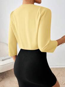 SHEIN Essnce Women's Solid Color Round Neck Casual Pleated Cropped Blazer In Fall/Winter - Yellow - View 3