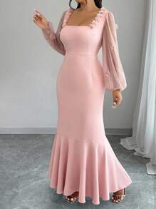 Elenzga Plus Size Solid Color Mesh Patchwork Square Neck Elegant Long Sleeve Dress Fall Cloth For Women