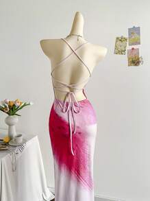 Soleia 女士度假花卉印花低胸露背系带长裙，休闲性感连衣裙，适合夏季度假、约会、下午茶、海滩、游轮、公路旅行、音乐节、波西米亚风度假 - 淺粉色 - 查看 7