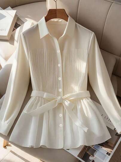 Franclia 女式纯色风琴褶长袖单排扣优雅系带衬衫