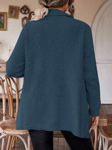 1 件女士加大码纯色长袖不对称流苏开衫，适合秋冬季 - 藍色 - 查看 2