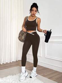 Easithlete Conjunto deportivo de top de tirantes con cuello redondo y detalles en contraste y pantalones largos hasta el tobillo con cintura cruzada para mujer