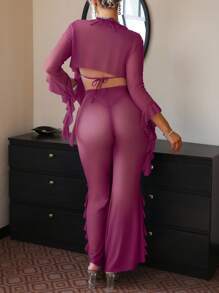 4pcs French Romantic Ruffle Sexy Lingerie Set, Going Out - Red Violet - View 2