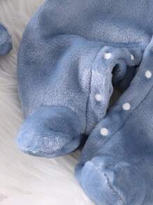 SHEIN 新生儿简约纯黄色长袖连体衣（含帽子和手套）婴儿家居服套装 - 霧霾藍 - 查看 4