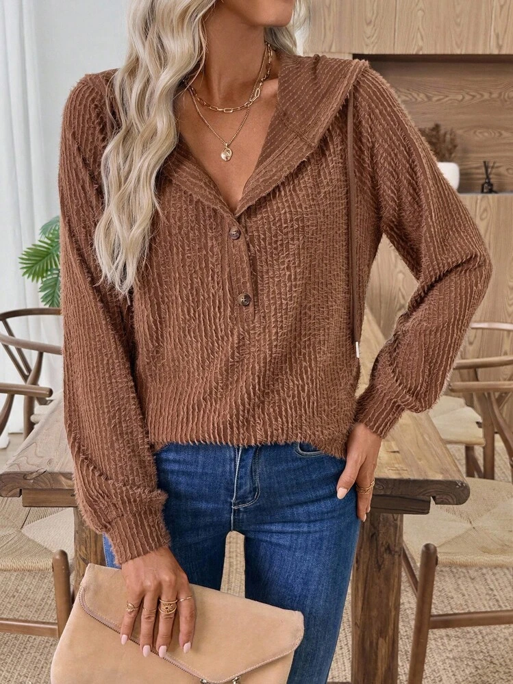 EMERY ROSE Sudadera con capucha casual de unicolor para mujer - Caqui - Añade 4