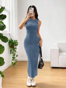 SHEIN EZwear 做旧雪花印花无袖中长连衣裙 - 藍色 - 查看 4