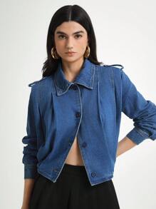 Daynim 女式单排扣休闲长袖牛仔夹克 - 中等水洗藍 - 查看 1