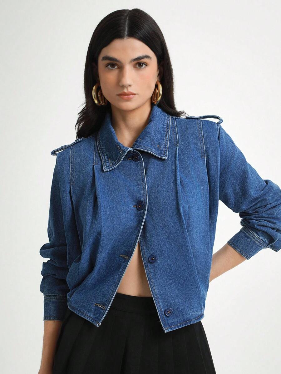 Daynim 女式单排扣休闲长袖牛仔夹克 - 中等水洗藍 - 查看 1