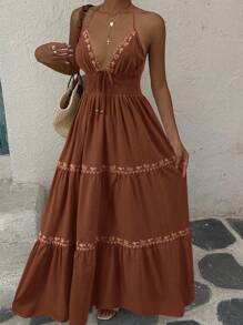SHEIN EZwear 棕色编织刺绣连衣裙，露背领，女士度假风格 - 棕色 - 查看 1