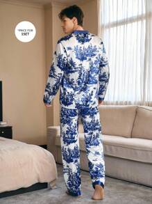 SHEIN 缎面口袋长袖上衣和长裤男士睡衣套装舒适优雅细节，秋季服装 - 藍白色 - 查看 2