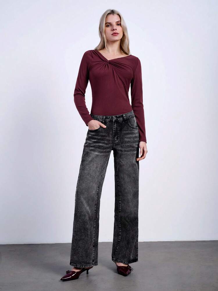 SHEIN Maija 女性用バーガンディー非対称ツイストカラー長袖フィットTシャツ、ファッショナブル、セクシーでエレガント、多用途なカジュアル デイリーウェア フェスティバル
