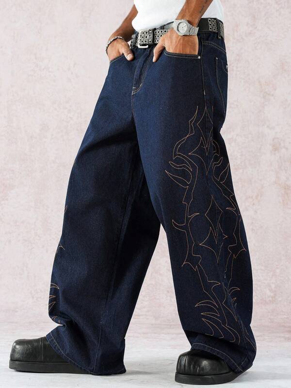 Manfinity Roghcode Men's Wide Leg Graphic Denim Jeans With Zipper Closure - Modern Casual Style Designer Jeans For Men Graphic Jeans Men Embroidered Jeans Baggy Jeans