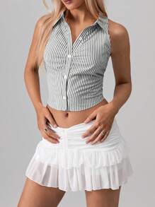TRNVIE Crop Top Kancing Depan Bergaris Seksi untuk Wanita: Atasan Halter Musim Panas yang Imut untuk Wanita - Hitam dan Putih - View 5