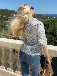 Chiquease 复古碎花衬衫，甜美设计，修身剪裁，法式短袖衬衫，适合夏季和春季休闲学院风穿着。 - 白色 - 查看 2