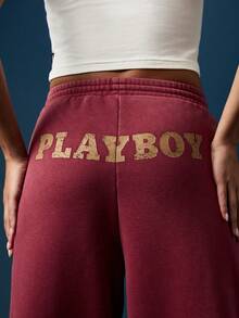 Missguided x Playboy 慢跑运动裤，带侧袋，松紧腰，阔腿喇叭裤，复古高腰休闲秋冬家居服运动裤 - 酒紅色 - 查看 4