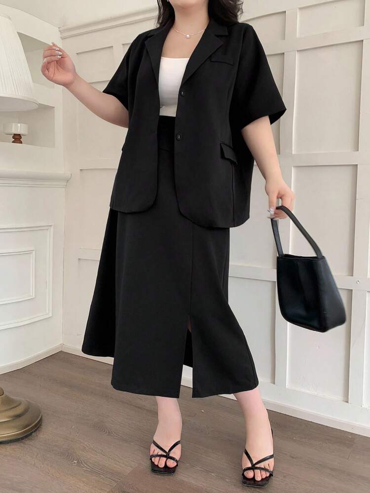 Dazy Plus 2pcs/Set Women Plus Size Business Casual Solid Color Lapel Blazer Jacket And Straight Skirt Lounge Sets For Women