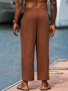 Manfinity Homme Quần ống đứng xếp ly rộng rãi màu trơn thường ngày cho nam - Cà phê nâu - Xem 4