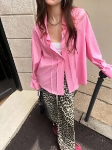 Chiquease 纯色领口百搭褶皱袖口解构优雅办公室女士长袖衬衫 - 粉色 - 查看 6