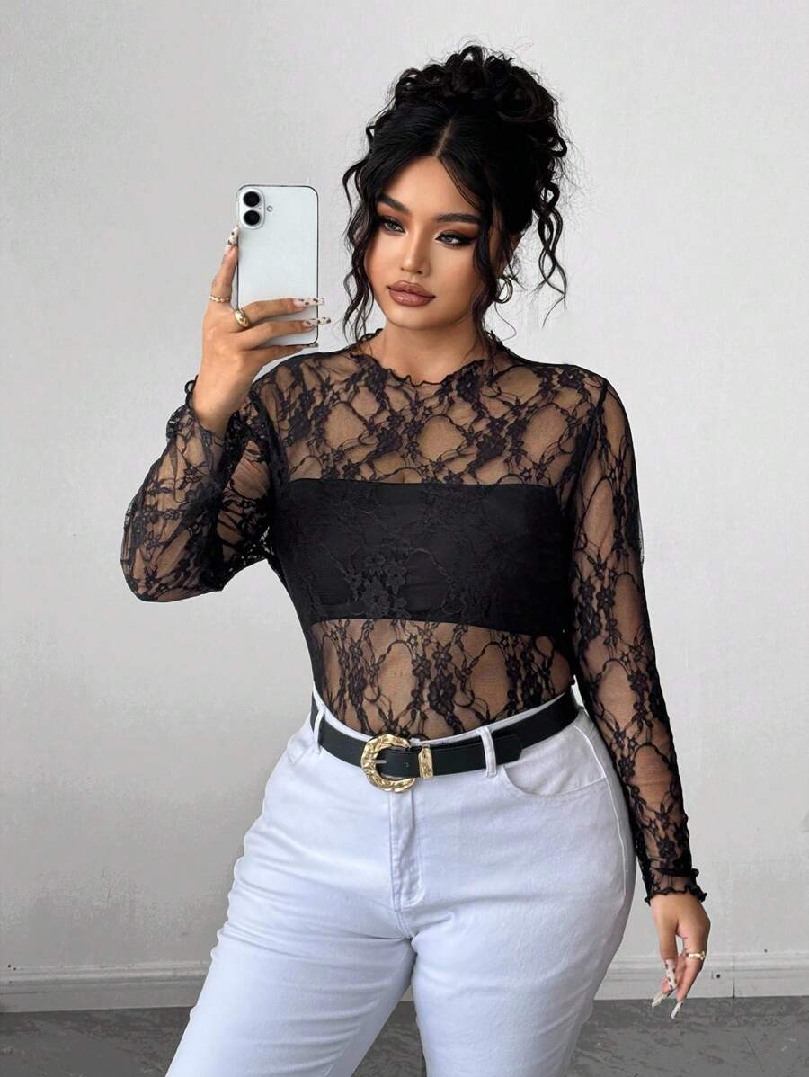 SHEIN Unity Plus Size Women Sexy Layered Lace Top - Multicolor - View 1