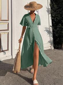 EURMUSE 荷叶边袖圆领纽扣连衣长裙（配贝壳腰带）