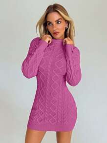 EURMUSE Damen Herbst/Winter Neue Sexy Modische Alltagskleidung Rollkragen Zopfstrick Dicker Kurzer Pulloverkleid - Pink - Übersicht 5