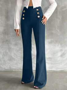 SHEIN Tall Pantalones acampanados de doble botonadura decorativa de talla alta - Verde Oscuro - Ver 5