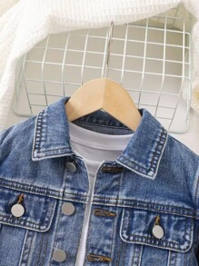 Young Girls Denim Jacket And Coat, Girls Casual Fashion Sweet All Season Arm Print Blue Butterfly Pattern Utility Denim Long Sleeve Blue Jacket, Casual & Sporty - Blue - View 3