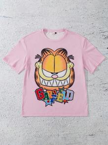 GARFIELD | SHEIN 男士字母卡通图案圆领短袖T恤 - 粉色 - 查看 3