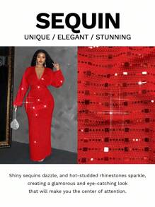 Maweii Đầm maxi dự tiệc cỡ lớn dành cho nữ, gợi cảm, cổ chữ V sâu, tay phồng, đính sequin, màu đỏ. - Đỏ - Xem 2