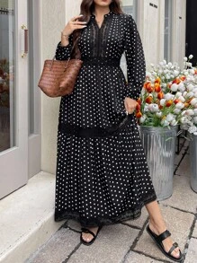 SHEIN LUNE 大码波尔卡圆点印花拼接蕾丝连衣裙、大码长裙、大码腰裙、小 V 领长袖连衣裙、镂空蕾丝、秋季服装、返校服装、老钱风格女性、女士办公室服装、外出服装、女士约会夜服装、女士机场服装、简约时尚假日服装、女士波西米亚风/波西米亚风连衣裙、度假连衣裙、假日优雅服装、日常通勤和户外必备、收腰长裙、优雅连衣裙老钱风格女士婚礼宾客连衣裙女士夜间外出连衣裙女士返校节连衣裙女士秋季服装优雅派对连衣裙女士派对连衣裙节日连衣裙，适合春秋季、度假和约会黑色波尔卡圆点连衣裙黑白波尔卡圆点连衣裙波尔卡圆点长裙黑色蕾丝连衣裙长袖波尔卡圆点连衣裙 - 黑與白 - 查看 5