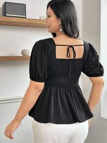 Modelyn Blusa de mujer talla grande con cuello cuadrado, cintura ceñida y mangas abullonadas con abertura