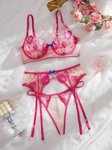 SHEIN 3pcs Sexy Embroidered Push-Up Bow Decor Women's Lingerie Set Floral Lingerie Set Custom Lingerie Set Bow Lingerie Set Birthday Lingerie Kawaii Lingerie, Going Out - Hot Pink - View 6