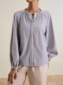 INAWLY Women's Striped Print Notch Collar Front Button Long Sleeve Casual Shirt Fall Cloth For Women - Multicolor - View 4