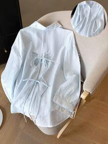 INAWLY Women's Casual Commuting Loose Fit Long Sleeve Shirt With Embroidered Butterfly Back Tie, Light Blue, Spring/Autumn