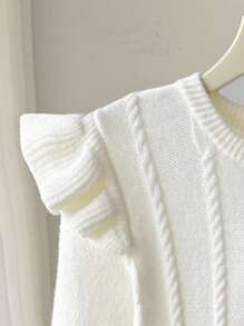SHEIN Tween Girl Cream White Frill Trim Cable Knit Long Sleeve Sweater Dress - White - View 4